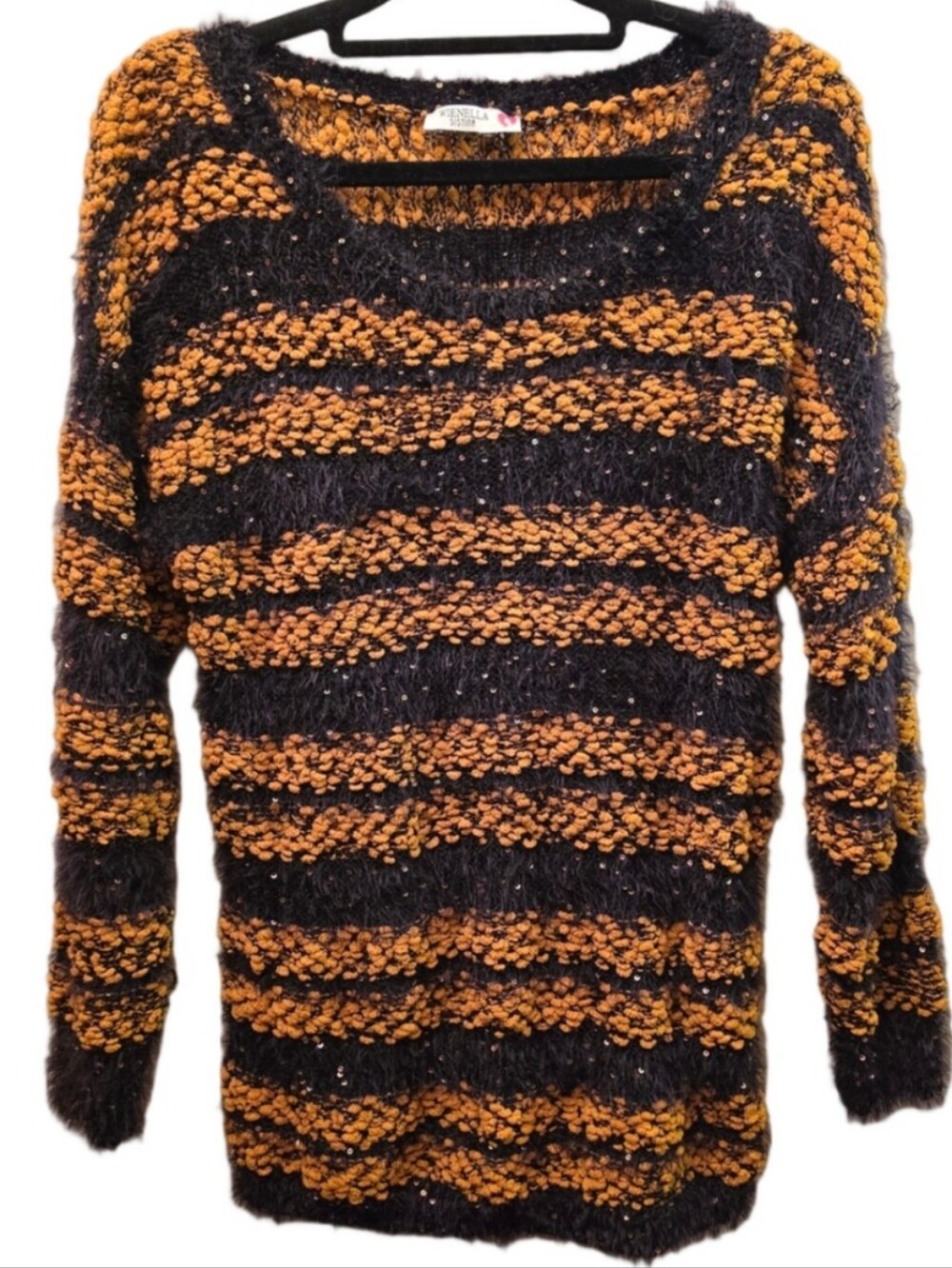 Y2K Fuzzy Bouclé Sequin Striped Sweater Black Mustard Wienella Sistina